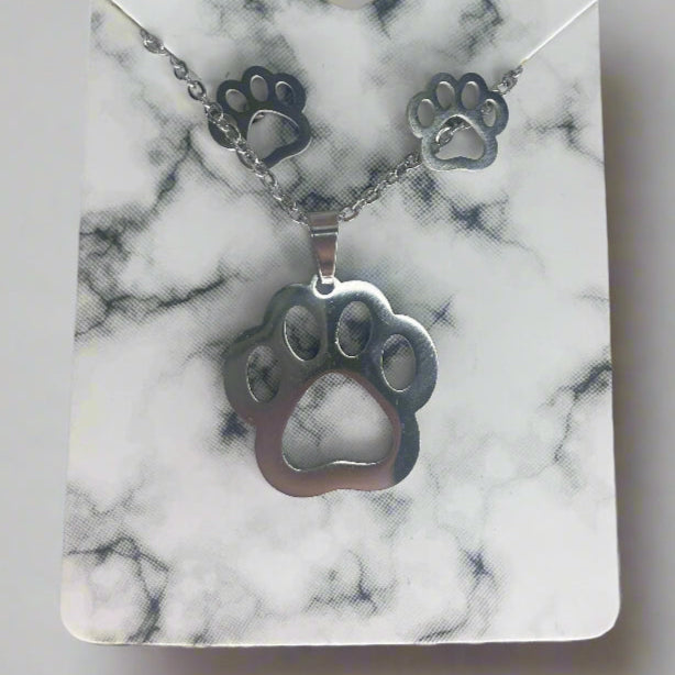 Silver Paw Print Necklace and Earring Set